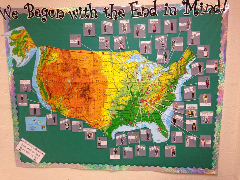 TNedu's tweet photo. Map showing the colleges of all the teachers @EastEndPrep, helping remind students to begin with the end in mind! https://t.co/a4Jn7fOGvL