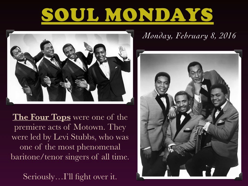 RadcliffTweets's tweet photo. The artist for #SoulMonday is the great Four Tops. Phenomenal harmonies; great lead singer. #BlackHistoryMonth https://t.co/GUiTnWo1OY