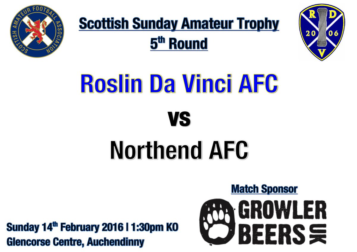 RDVAFC's tweet photo. .@ScotAmFA Sunday Trophy Round 5

#RDV vs Northend AFC

1:30pm KO @ Auchendinny

Match Sponsor: @GrowlerBeersUK https://t.co/I8snJRzoA0