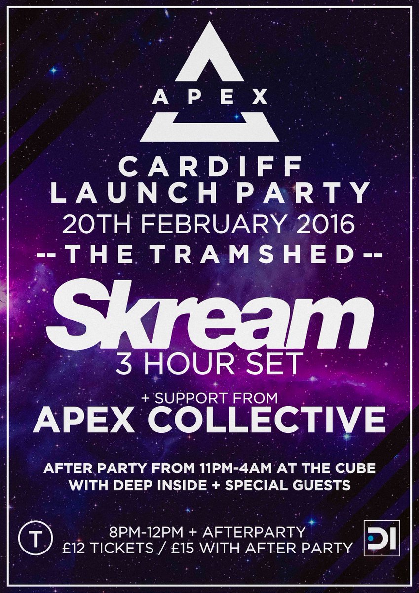 Last few £12 tickets left for our Cardiff launch party with <a href="/I_Skream/">Oliver Jones</a> Tickets - bit.ly/apexcardiff