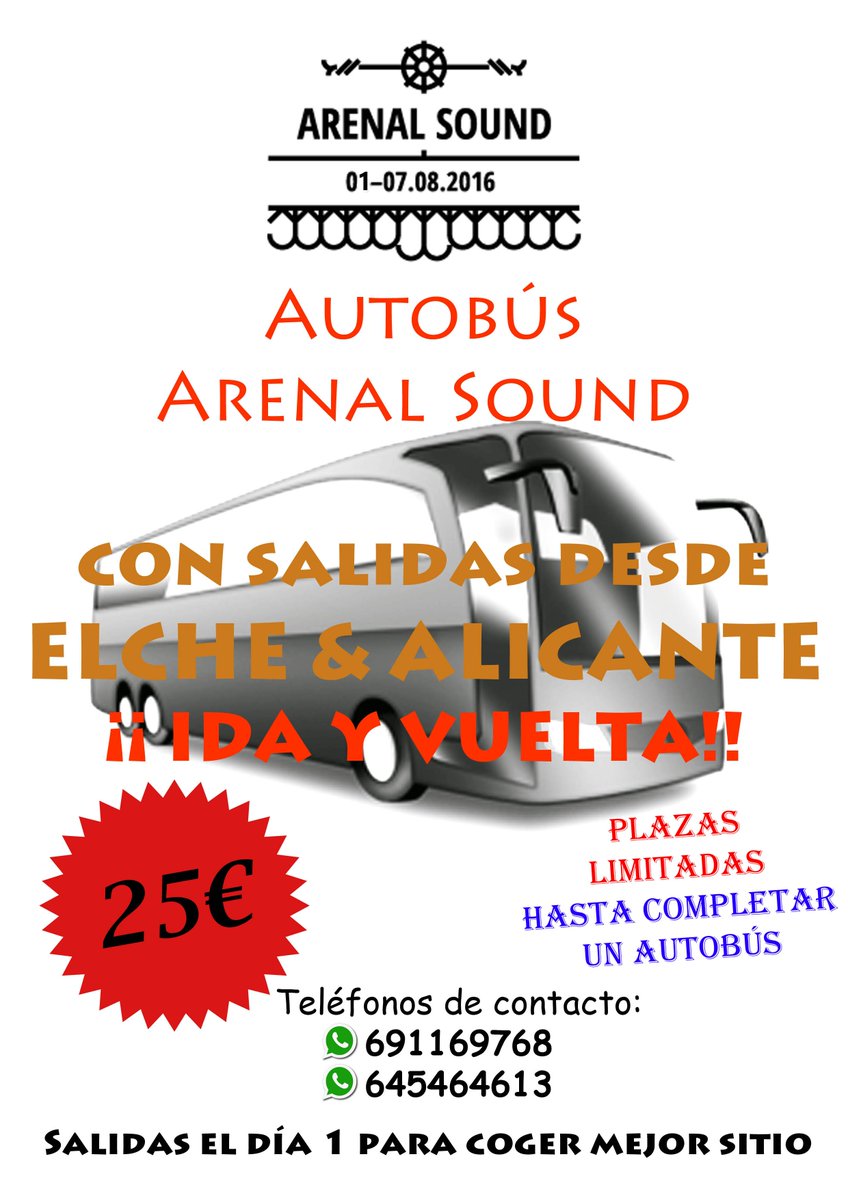 ArenalSoundBus's tweet photo. AUTOBÚS ARENAL SOUND IDA Y VUELTA DESDE ELCHE Y ALICANTE https://t.co/VU77m8rFok