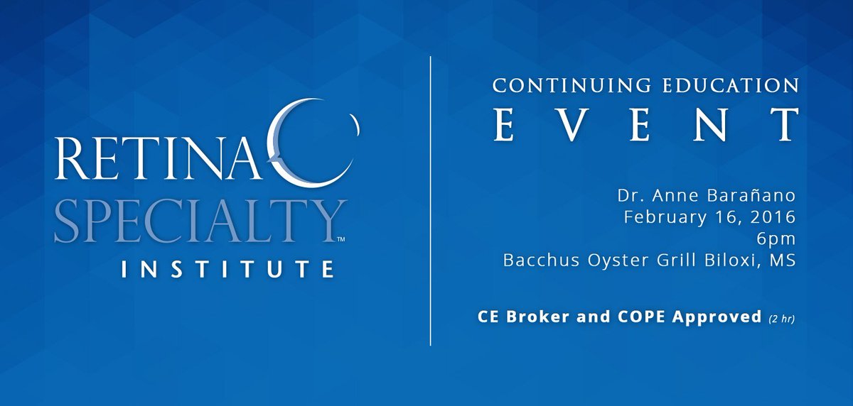 RetinaSpecialty's tweet photo. Join Dr. Anne Barañano for a COPE-approved #CEevent in #Biloxi Feb. 16 at 6 pm: https://t.co/9zJ86hGIZT https://t.co/Mpb51CBXr7