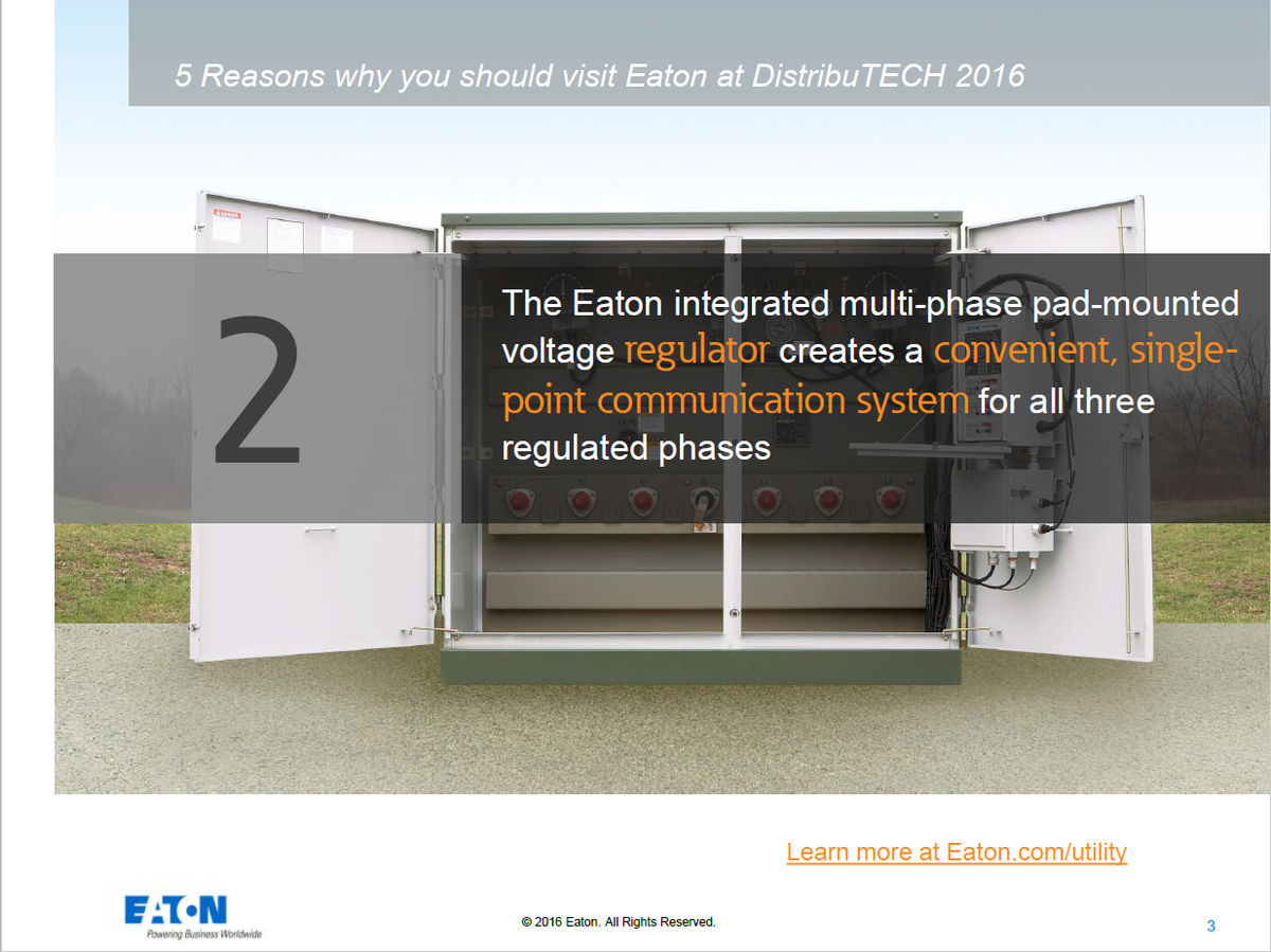 ETN_Electrical's tweet image. Reason #2 to attend #DTECH2016: Our integrated pad-mounted voltage #regulator #utlity ow.ly/Y5ks1