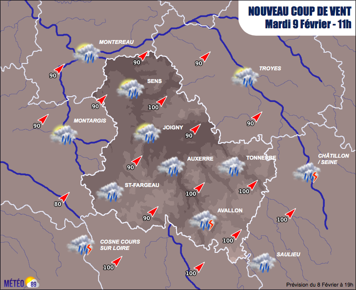 Demain Mardi : nouveau coup de #vent en matinée avec des rafales atteignant les 100km/h ⚠️. meteo89.com/previsions