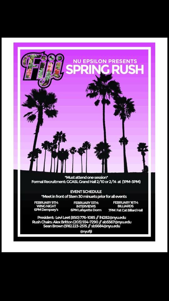 NYUFIJI's tweet photo. New updated Rush Schedule! Feel free to contact Rush chairs Alex Britton or Sean Brown with any questions. https://t.co/292Zs8uhLo