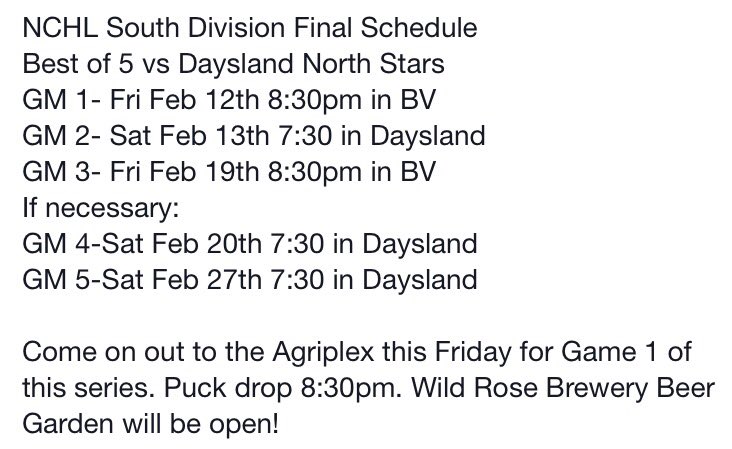 Here is the NCHL South Final Schedule vs <a href="/DayslandNstars/">Daysland Northstars</a>