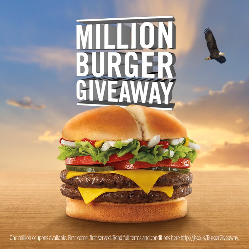 JackBox's tweet photo. Jack is giving away ONE MILLION burgers. It's a #DeclarationOfDelicious. Claim yours https://t.co/VTdMVVWHWm https://t.co/AIYUsfWgSx