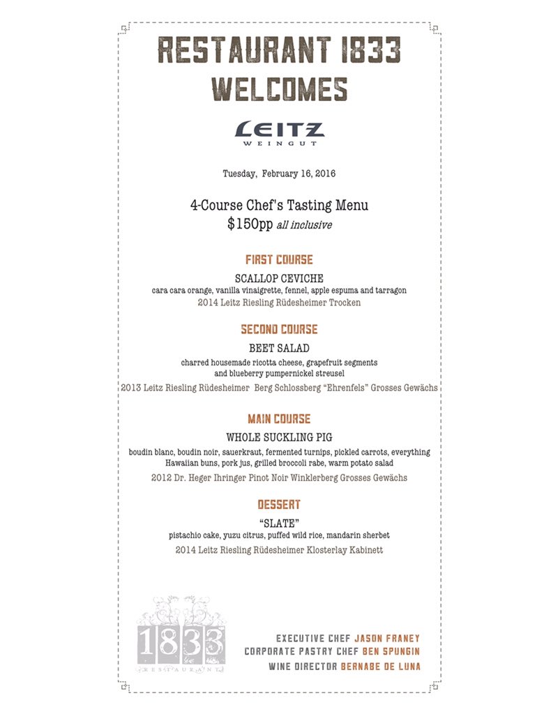 Here's a peek at the menu for our upcoming winemaker’s dinner w/ Johannes Leitz &amp; Weingut Leitz on February 16th.