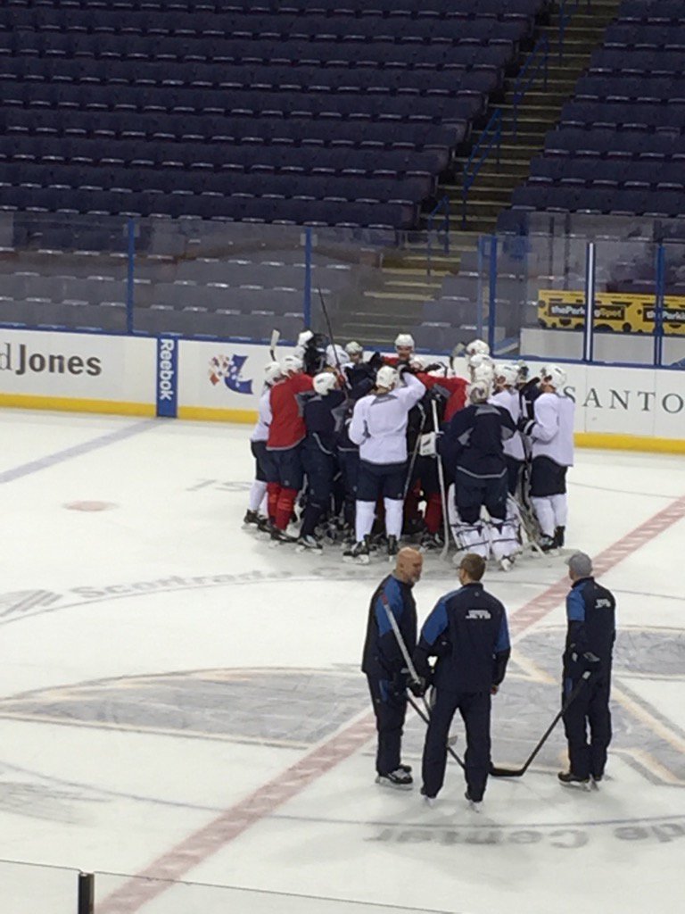 The boys congratulate Byfuglien...