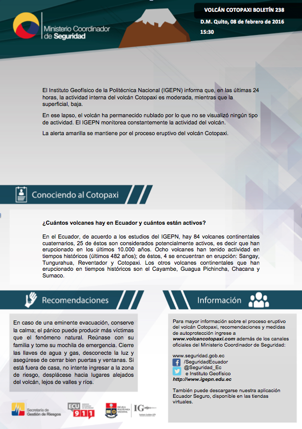Seguridad_Ec's tweet photo. En el boletín de prensa 238 más información sobre la actividad del #VolcánCotopaxi 
→ https://t.co/PpsQL65fTO https://t.co/u7VhgSldAc