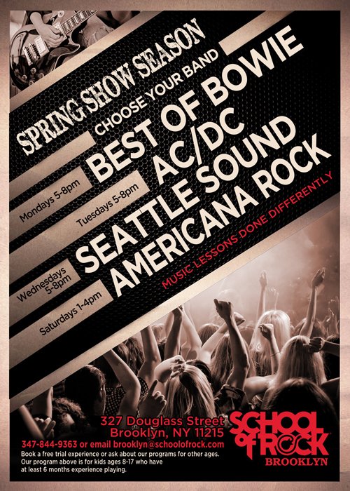 Secure your spot in our Spring bands, happening now! Email brooklyn@schoolofrock.com or call 347-844-9363 for info.