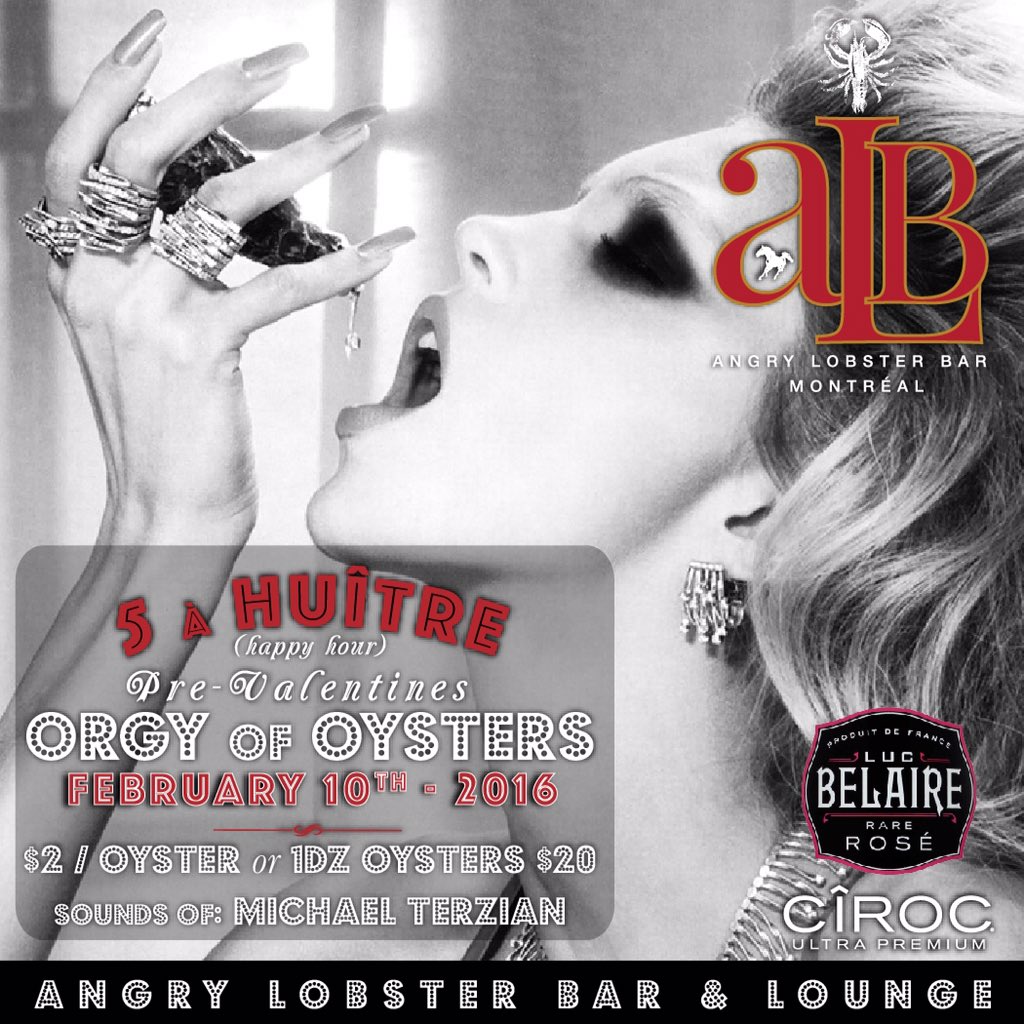 FABBOSSMTL's tweet photo. This WEDNESDAY @AngryLobsterBar 
presents:
Our Pre-Valentines Event:
"ORGY OF OYSTERS"
RSVP at (514) 390-0091 https://t.co/qZWZVe3YPR