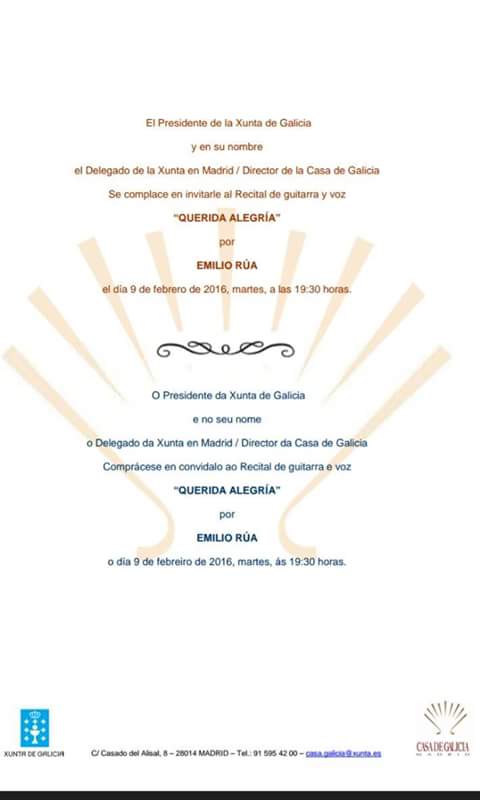 Presentacion de QUERIDA ALEGRIA dia 9 as 19:30 na Casa de Madrid
---
---
Enviado por WhatsApp