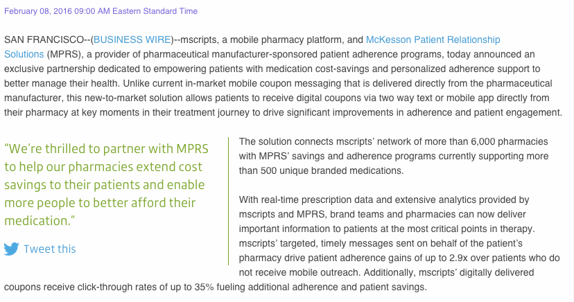 BizDevmscripts's tweet photo. @SullyHIT new partnership w/ @McKesson delivers timely co-pay offers via pharmacy SMS  https://t.co/ca62Sig0Gm https://t.co/q02sJx36kb