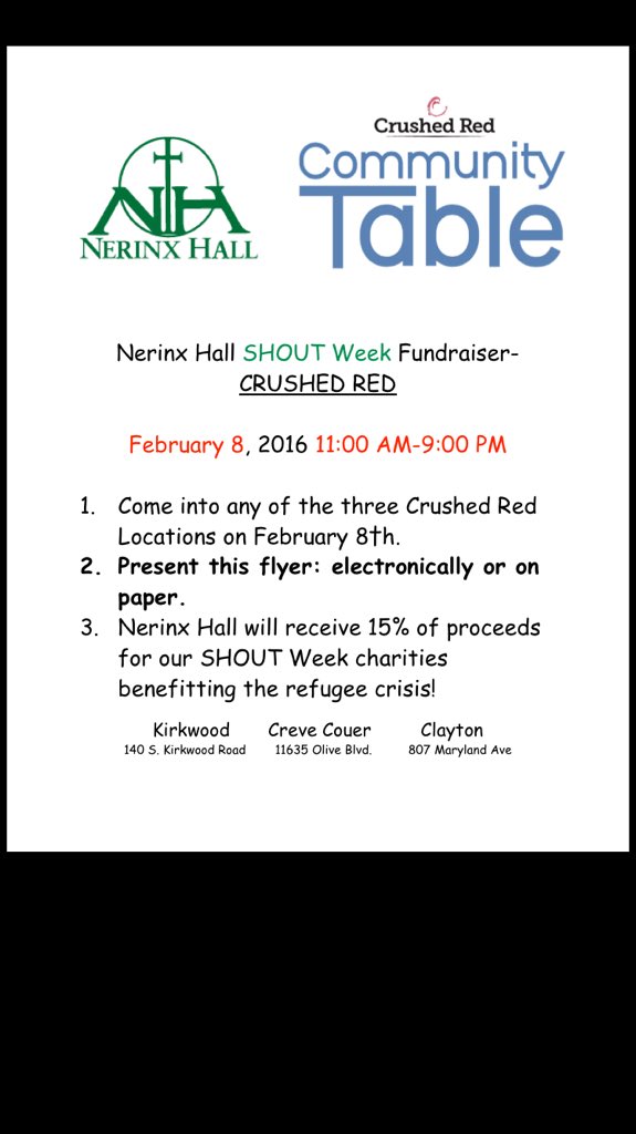 NerinxHallSLC's tweet photo. Be sure to go to Crushed Red tonight because 15% of the proceeds will go to Nerinx's Shout Week fund!!! 😊 https://t.co/q462Hcpp76