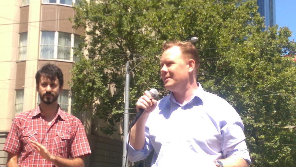 FoEAustralia's tweet image. Luke Hilakari from Vic trades hall.'workers across the state know about the impact of climate. They want renewables"