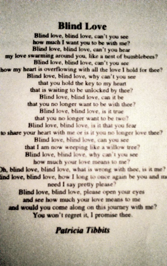MACM1996's tweet photo. @tdmiller820917 A poem I wrote 10 years ago that was published. #BlindLove #Poetry #TimelessVoices https://t.co/xP7c0klkwz