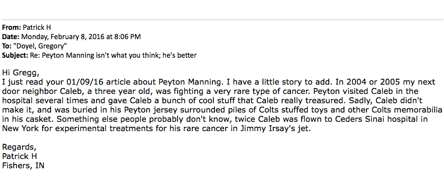 GreggDoyelStar's tweet image. This is who Peyton Manning is. And Jim Irsay. Email from a reader. I removed last names for privacy sake.