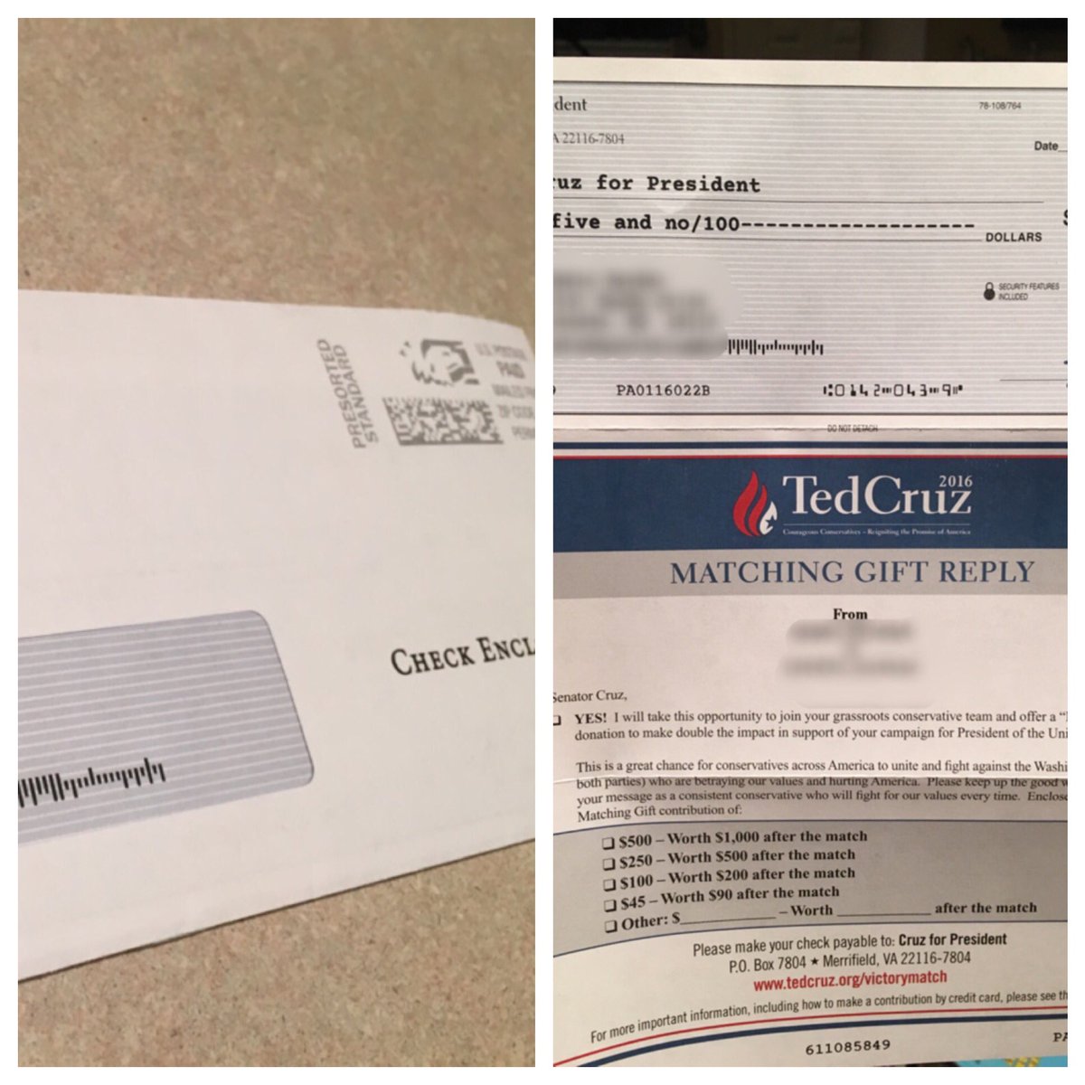 ryanrbender's tweet image. "Voter Violation" BS, now you're enclosing BS checks?  Shame on you @tedcruz.  BTW it was addressed to my mom!