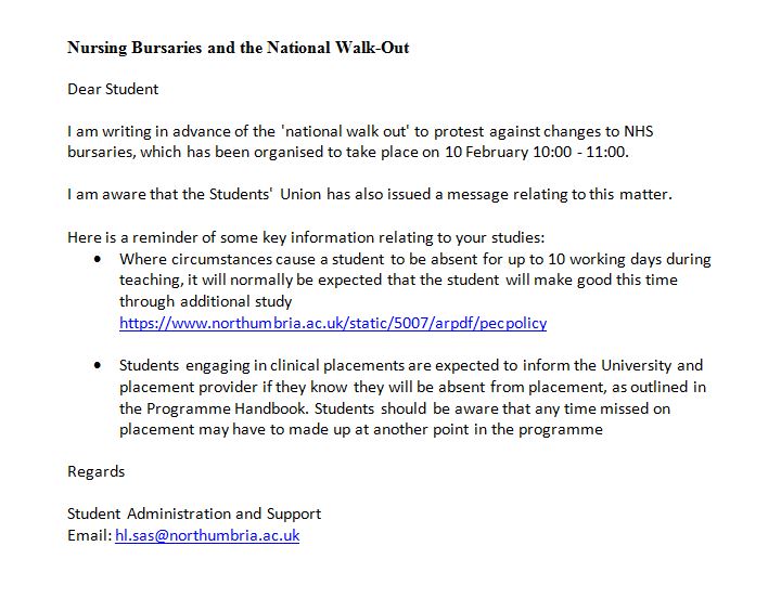 Important Information regarding Nursing Bursaries and the National Walk-Out
Please read the following information: