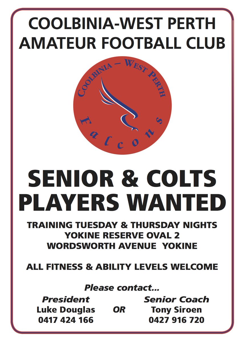 BDeGoider's tweet photo. @CWPAFC Players Wanted for 2016 footy season Training Tues/Thurs Yokine Res Oval 2 Wordsworth Ave #WAAFL #AFL https://t.co/p1IrlTWDul