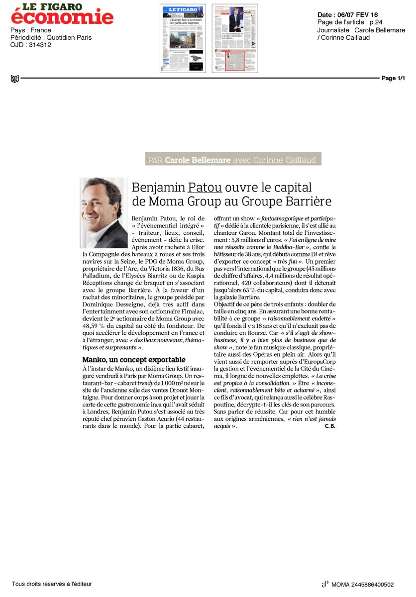 Nous sommes très heureux de vous annoncer le rapprochement au capital de Moma Group avec le Groupe Barrière.
