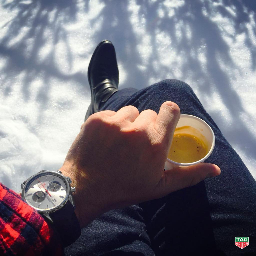 TAGHeuer's tweet image. The TAG Heuer Carrera Calibre 17 says it's time to warm up with a double espresso and push past the pain!