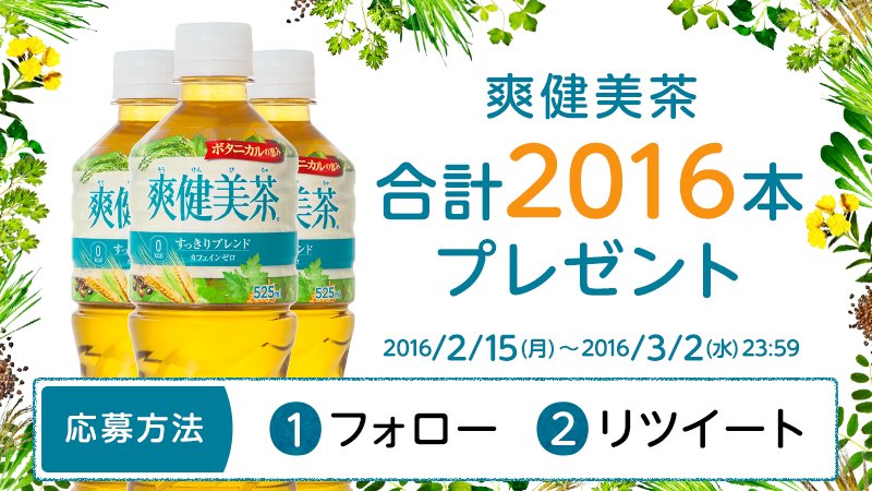 SokenbichaJapan's tweet photo. ＼フォロー＆RTで合計2016本当たる！／
#爽健美茶 から2016年最初のキャンペーン^^ 応募は簡単♪
---
①フォロー
②この��稿をリツイート
---
今すぐ応募してね！▼詳細https://t.co/ylp7hzabW3 https://t.co/zljfZpxzlL