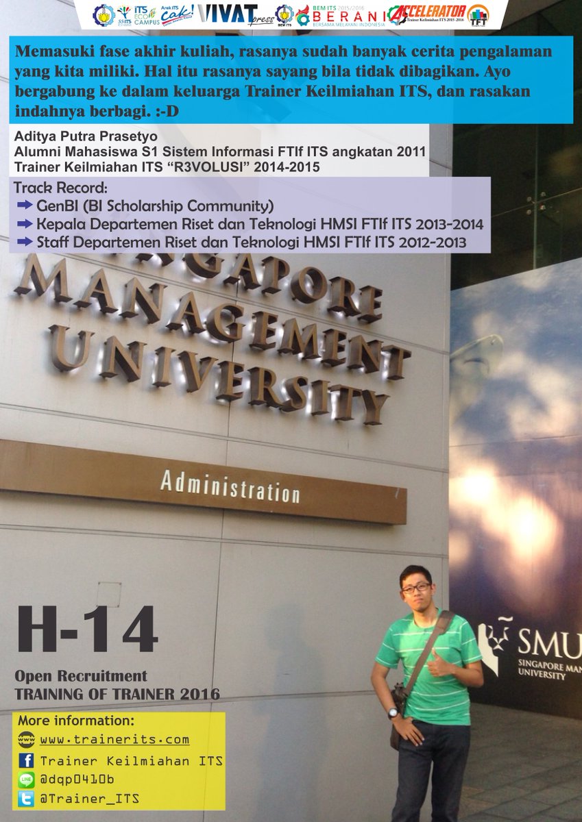 trainerits.com/IamTheNext
#TFT2016
#IamTheNextTrainer2016
#GenerasiPencerdasKMITS
#AkuUntukIndonesiaku
#BeAChangeMaker