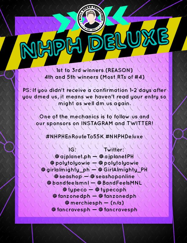 NiallOfficialPH's tweet image. Join #NHPHDeluxe as the last stop for #NHPHEnRouteTo55K and get a chance to win amazing prizes!💕

Full deets here: