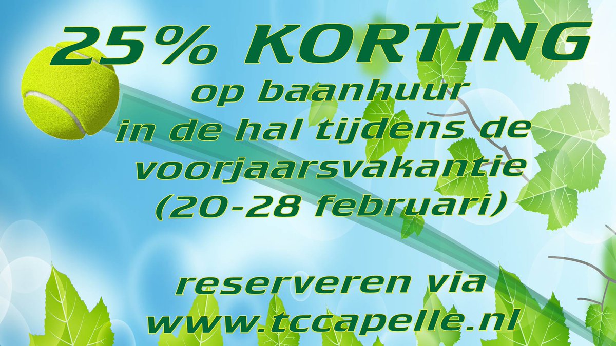 Tennis met 25% korting op de baanhuur van 20 - 28 februari in de overkapping!
Reserveer via: ow.ly/Y72VP