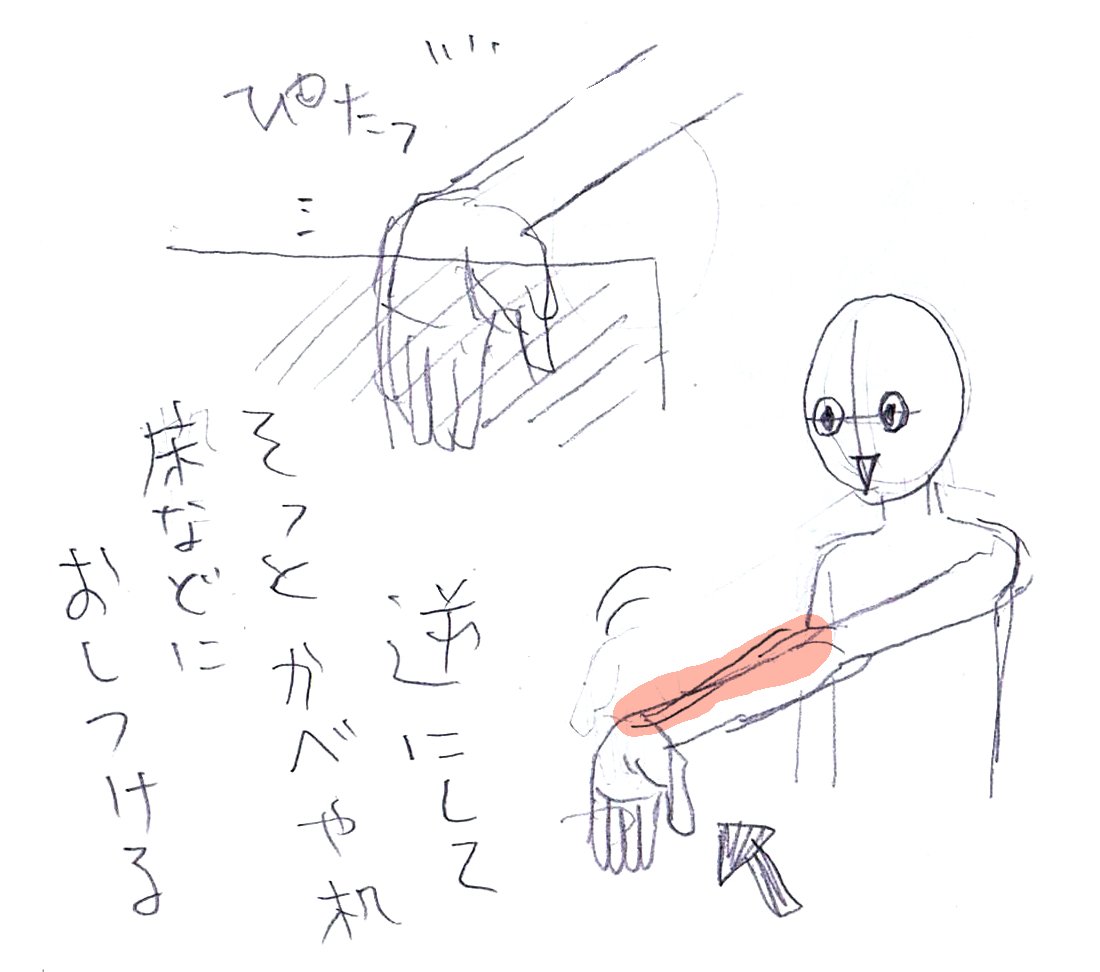 @MHimeru こんばんは。落ち着かれてきたようでなによりです! 前腕のストレッチは、、今わたしがパッとおもいつくのはコレかな…。手の平を逆手にし、腕をまっすぐにしてなにか支えになるものにそーっとグーっと押し付ける。