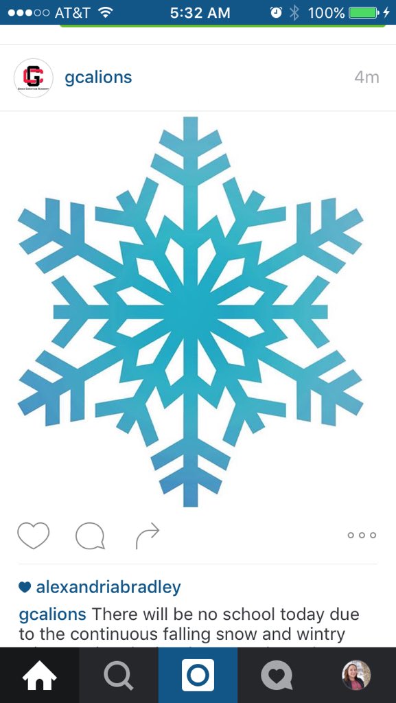 GCAHigh's tweet photo. No school today due to snow! Stay warm and be safe! ❄️ https://t.co/vcNAuLnhdA