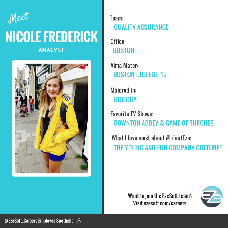 EzeSoft_Careers's tweet photo. Employee Spotlight: Nicole, QA Analyst, joined the #AnalystProgram 2 months after graduating from @BostonCollege https://t.co/wTOWSONatF