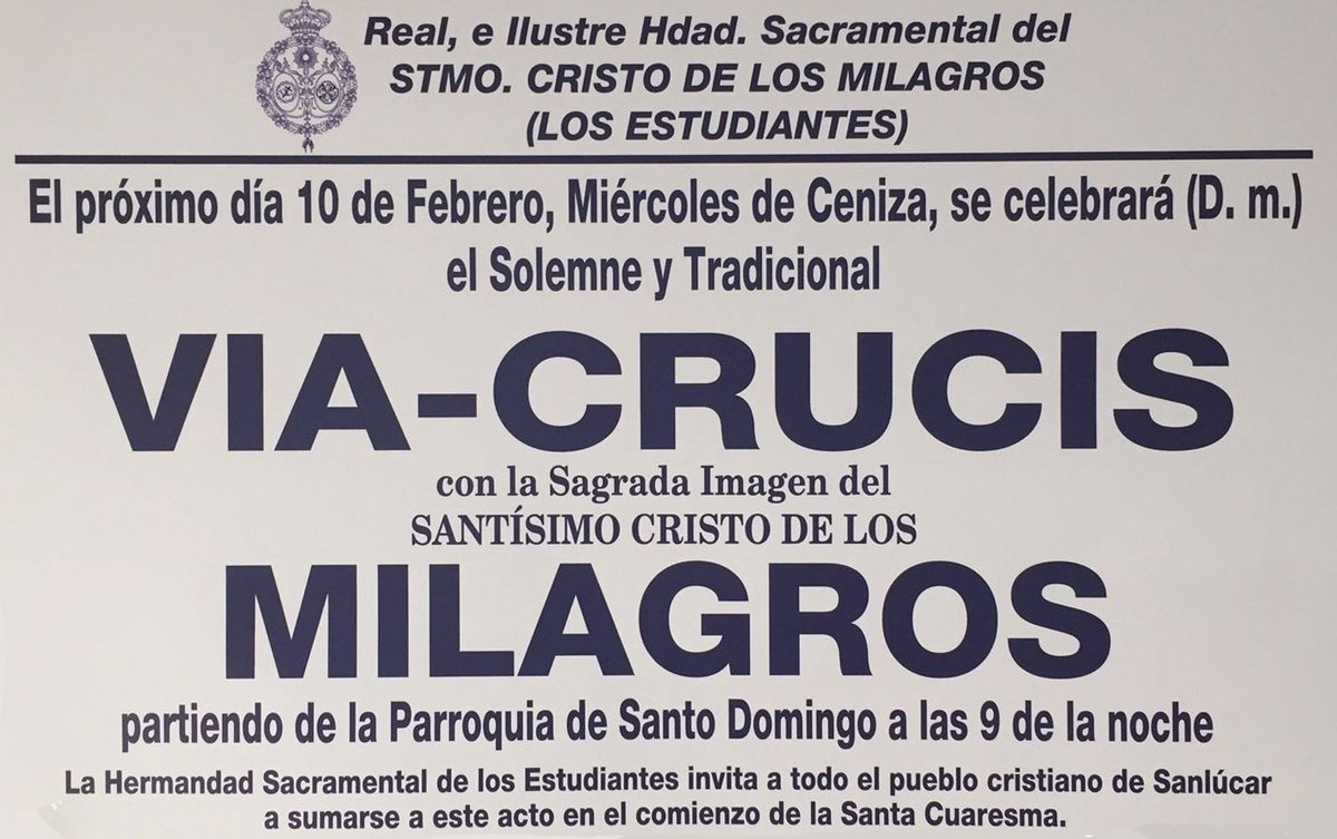 Estudiantes_SB's tweet photo. Mañana miércoles 10 de febrero Via-Crucis del Santísimo Cristo de los Milagros a las 21h https://t.co/BWAxehnWmA