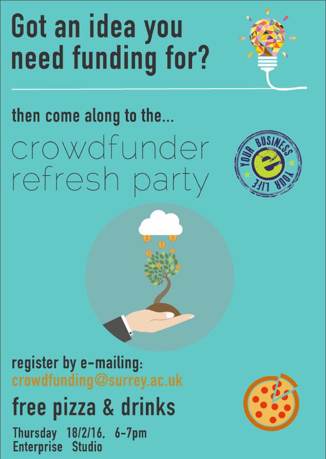 SurreyCrowd's tweet photo. Come to our crowdfunding refresh party 18/02/16 @ 6-7PM to learn a bit more about how to start your own campaign. https://t.co/3Pk8N9TjGV