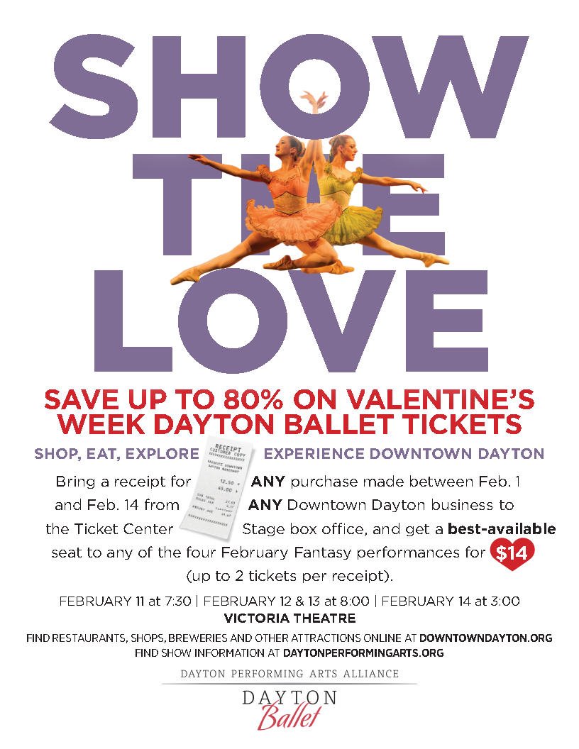 DowntownDayton's tweet photo. Buy a card for your #Valentine at @confettidayton, bring your receipt for discount @DaytonBallet  tix. #winning https://t.co/veuO6EkkRO