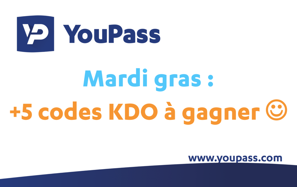 YouPassFR's tweet image. Mardi gras : 5 codes KDO YouPass.com à gagner parmi les retweets ! 🎁