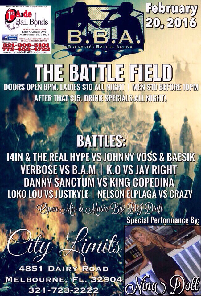 casino183rd's tweet photo. BREVARDS BATTLE ARENA FEBRUARY 20,2016 THE BATTLE FIELD #FLORIDA #BATTELRAP #BARS https://t.co/QFmZjZA7EY