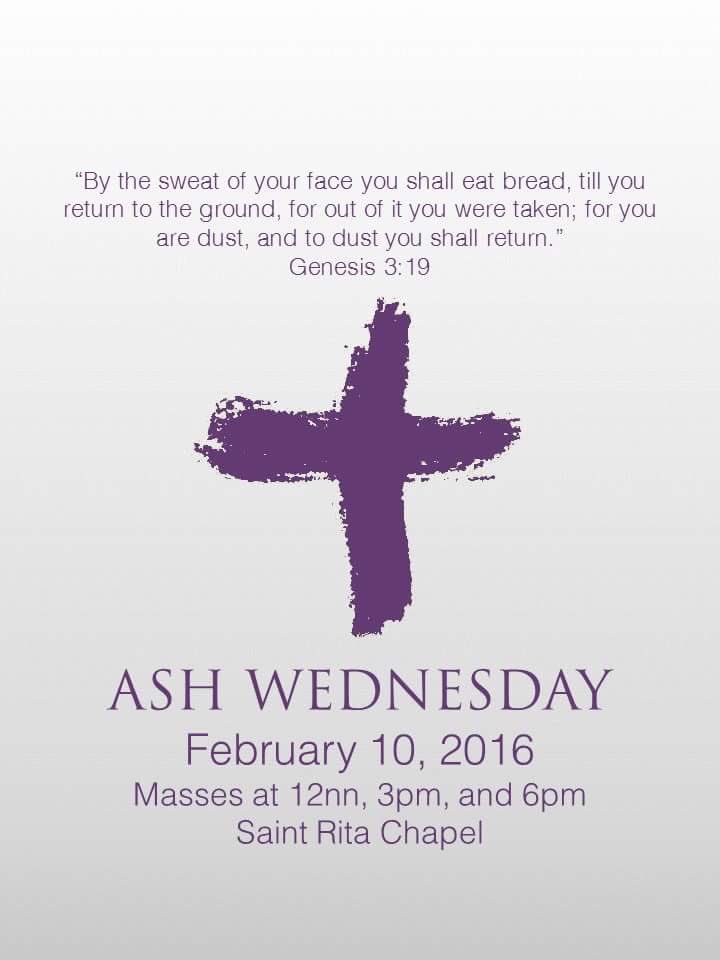 IEEMGSEM_SC's tweet photo. ASH WEDNESDAY
February 10, 2016
Masses at 12nn, 3pm, and 6pm
Saint Rita Chapel https://t.co/ilu7WUvIxc