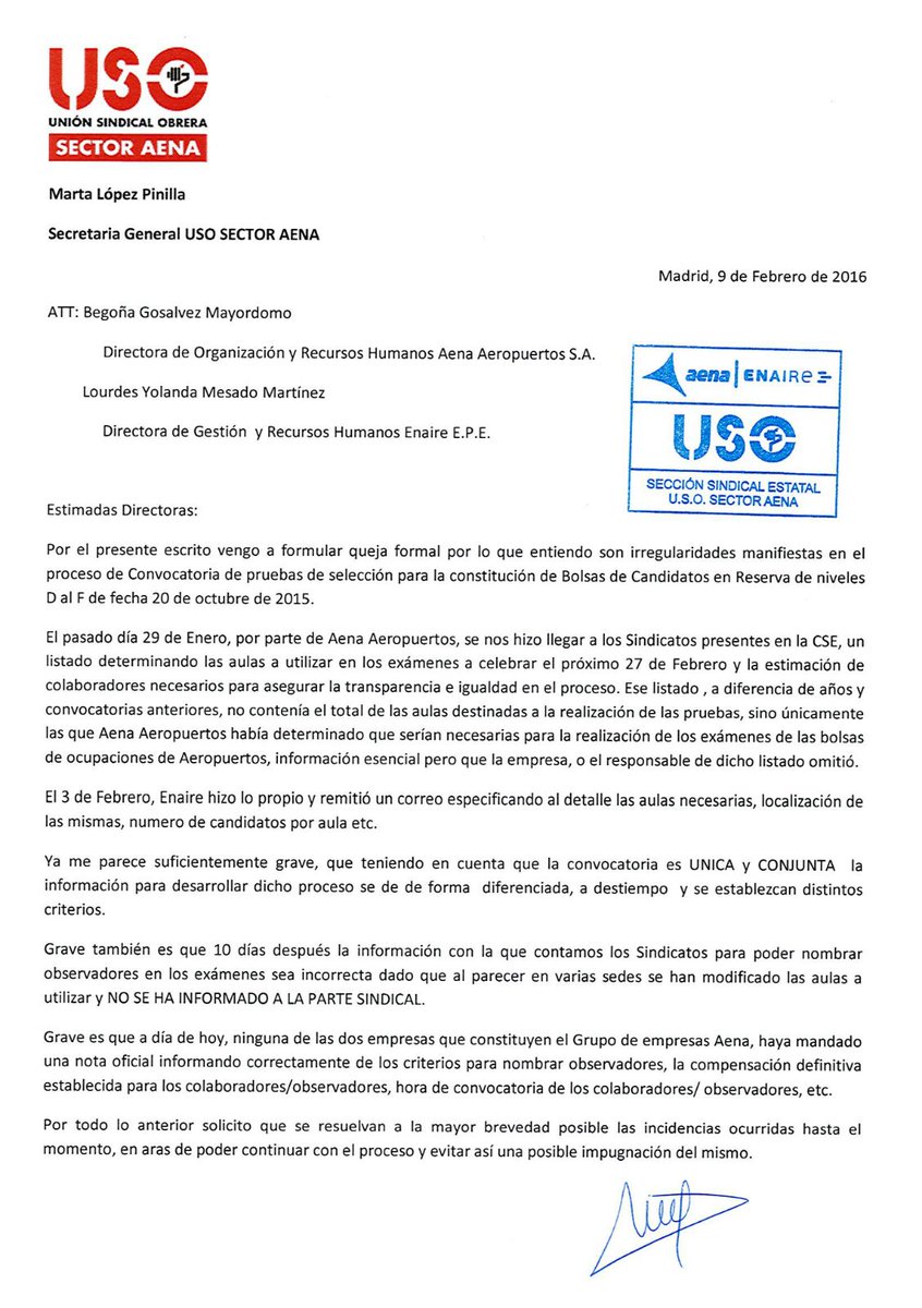 Reclamación a la dirección de rrhh de <a href="/aena/">Aena</a> y <a href="/Enaire/">ENAIRE</a> presentada hace unos minutos desde <a href="/USOAENAESTATAL/">SECTOR GRUPO AENA</a>