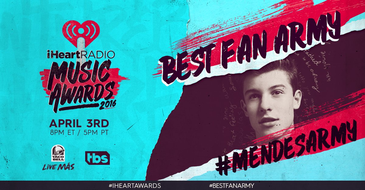 iHeartRadio's tweet photo. Last but not least #MendesArmy is nominated for #BestFanArmy at our #iHeartAwards! RT or use https://t.co/aPueslpaIw https://t.co/CqDHeX4m8c