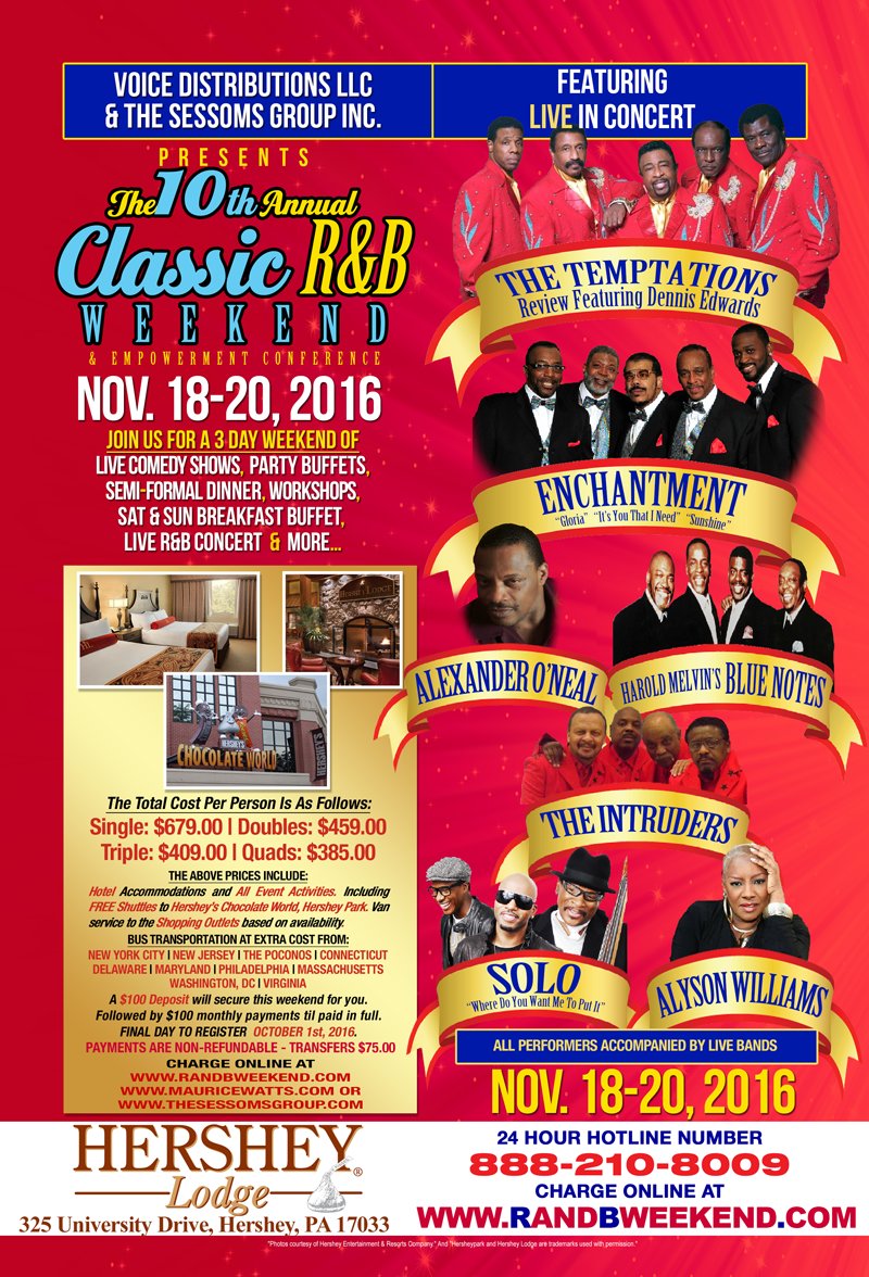 classicrbevents's tweet photo. Dennis Edwards, Enchantment, Alexander ONeal, Harold Melvinβs Blue, SOLO, Intruders & Alyson Williams. #randbweekend https://t.co/jb4OX5898E