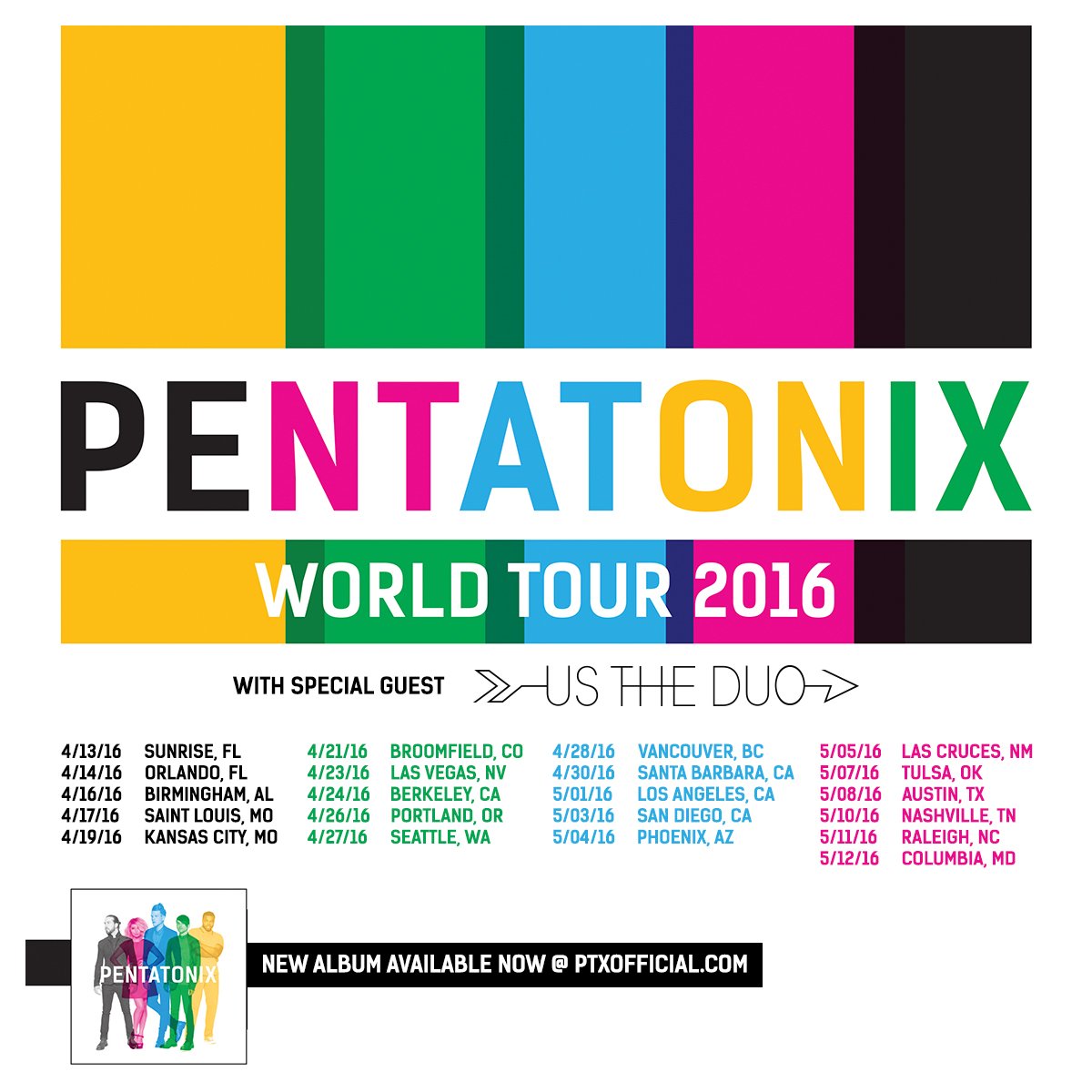 PTXofficial's tweet photo. We are SO excited to announce the first leg of the PENTATONIX WORLD TOUR 2016 with our friends @UsTheDuo this April! https://t.co/mCRBOcw6ns