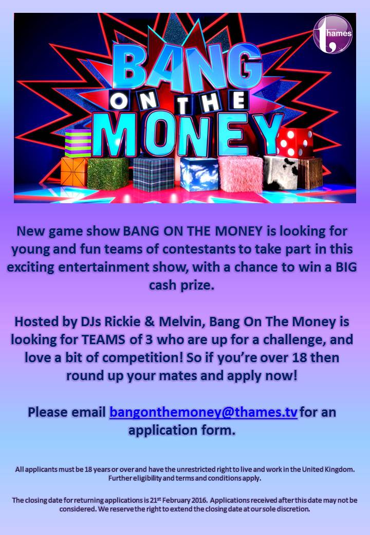@theoldbookshop RT New gameshow auditioning in BRISTOL 23RD FEB! E: bangonthemoney@thames.tv ASAP for application!