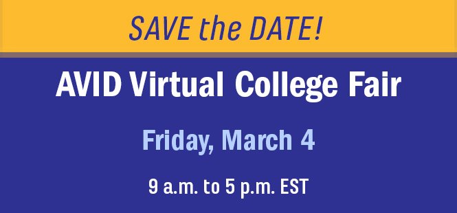 AVID4College's tweet photo. Give your #AVID students the chance to chat with colleges from across the nation on March 4! https://t.co/7217XMNFDY https://t.co/ZeNRhLpb0o