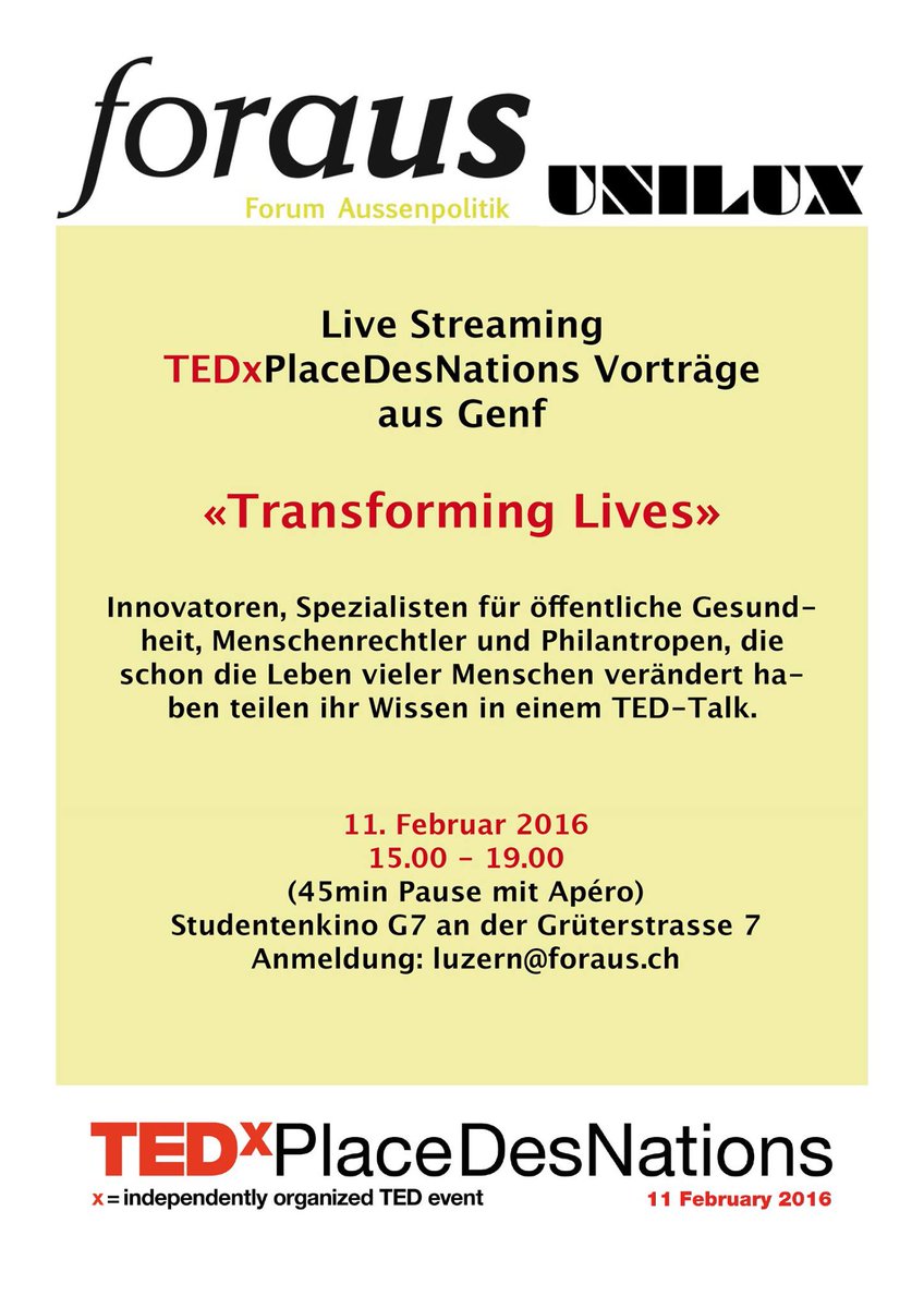 forausluzern's tweet photo. Want to follow the @TEDxPdNations life? Join us on Thursday! @TEDTalks @UNGeneva https://t.co/TDqGPPjk8O