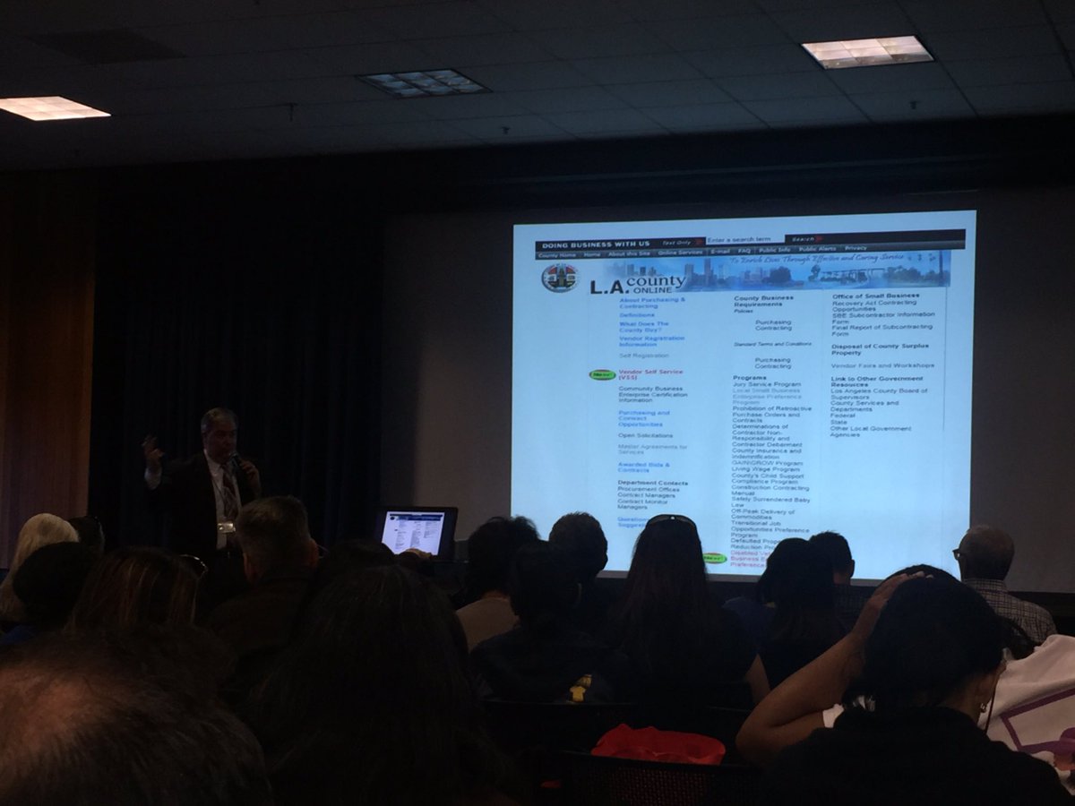 LACoSmallBiz's tweet photo. Jerry with @LACountyISD explains why it's important for #smallbiz to register w .@CountyofLA. #ContractConnectLACo https://t.co/9ibUX80edL