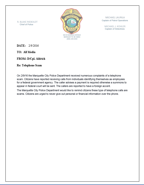 See attached memo regarding recent telephone scams.