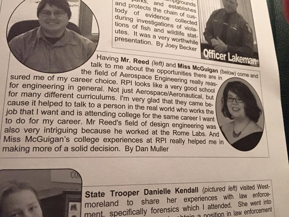 RPIKatie's tweet photo. A picture of my high school news letter! I went back a month ago to talk to students about STEM &amp; RPI! #STEM #RPI https://t.co/r3Dl7KW8MP